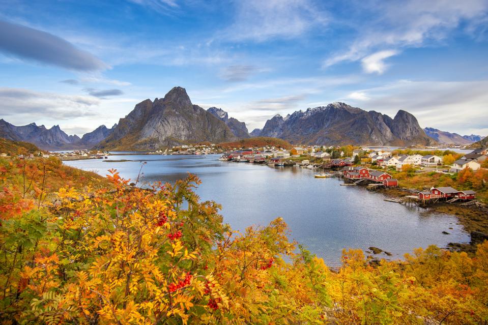Beautiful colourful view of Reine landscape in Lofoten Islands during the autumn or fall.