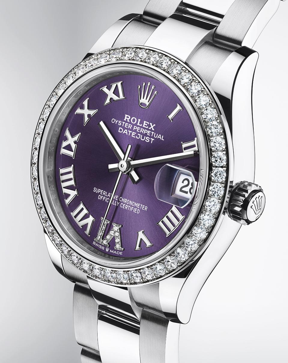 The new Rolex Datejust 31 with aubergine dial and diamonds.