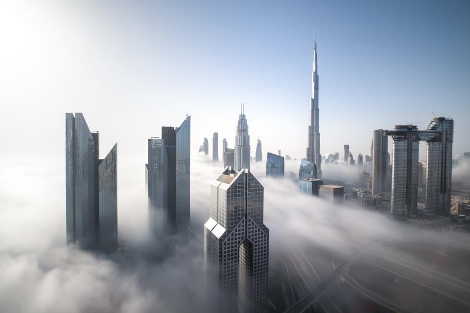 Dubai Downtown skyline on a foggy winter day united arab emirates