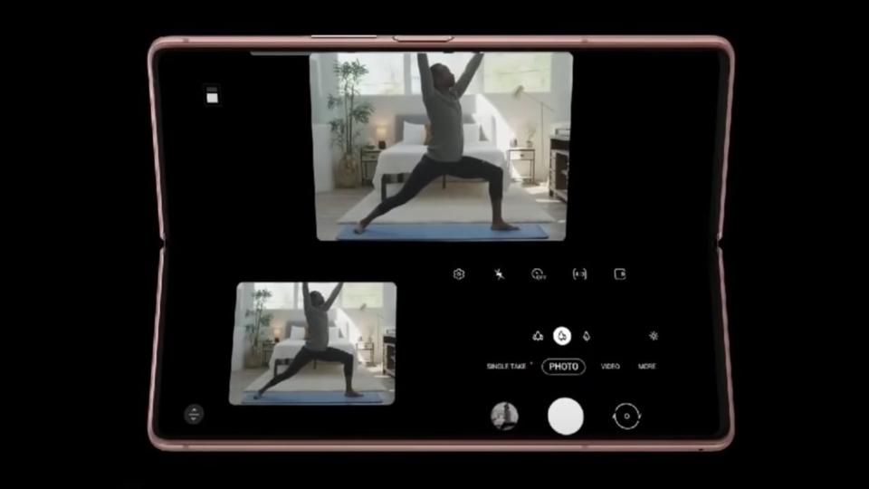A photo of the new Samsung Galaxy Z Fold 2 5G in its partially folded Flex mode.