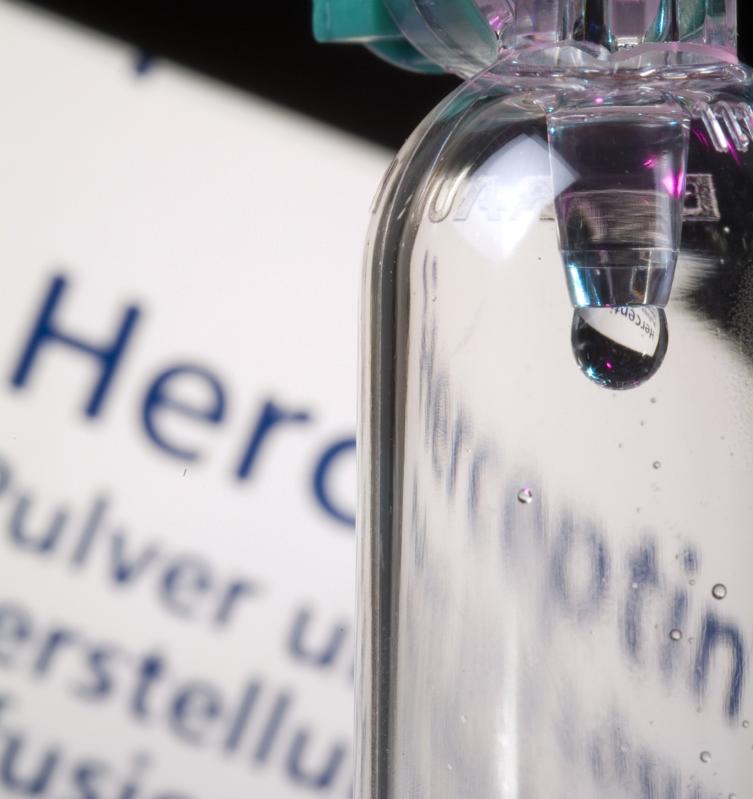 Drops of a solution containing the breast cancer drug Herceptin