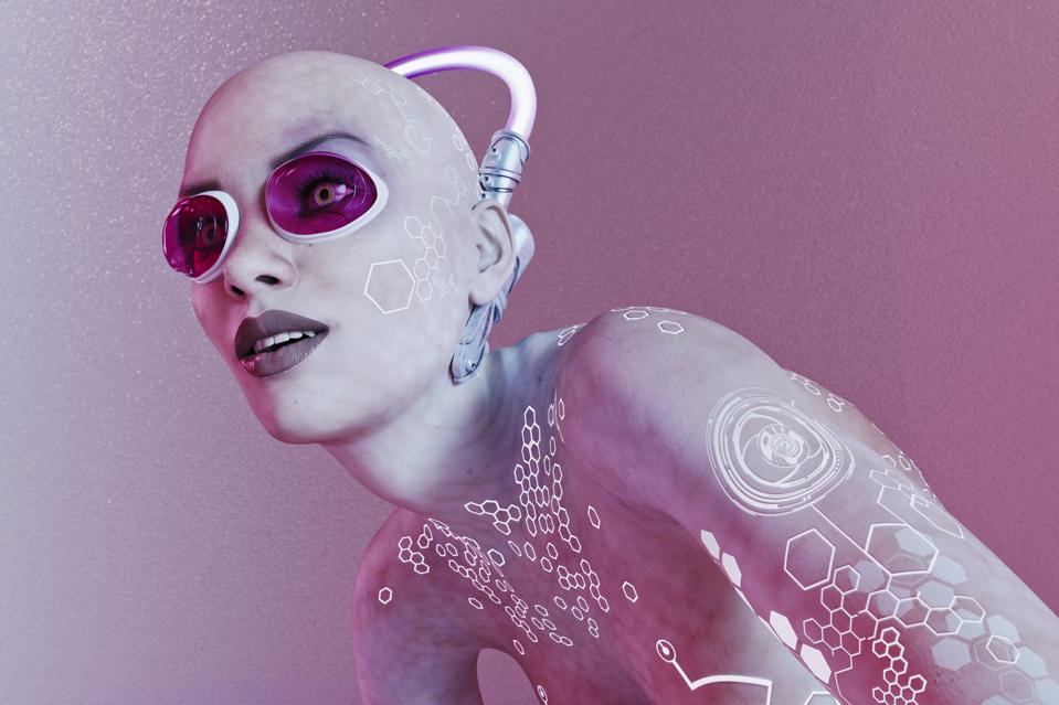 Futuristic woman with pink goggles and glowing interactive tattoos crouches on floor