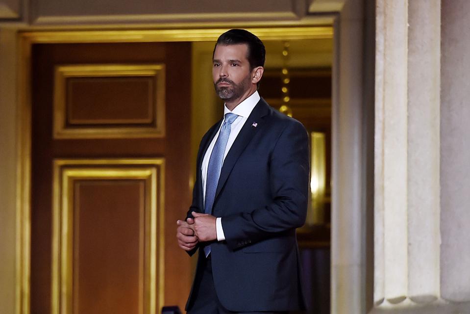 Donald Trump Jr. walks as he prepares to speak during the first day of the Republican convention at the Mellon auditorium on August 24, 2020 in Washington, DC. 