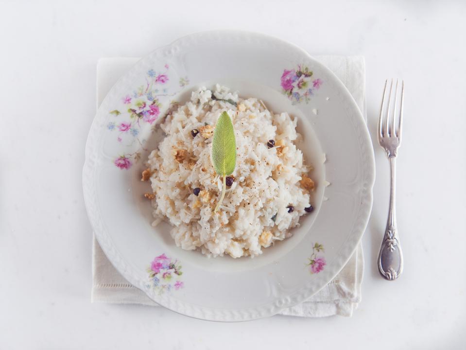 Risotto with walnuts, sage, Fontina cheese and juniper berries.