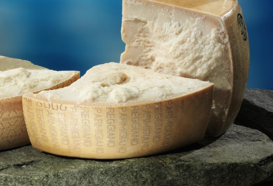 Parmigiano-Reggiano cheese named after the producing areas near Parma, Reggio Emilia, Modena, and Bologna (all in Emilia-Romagna), and Mantova (in Lombardia), Italy.