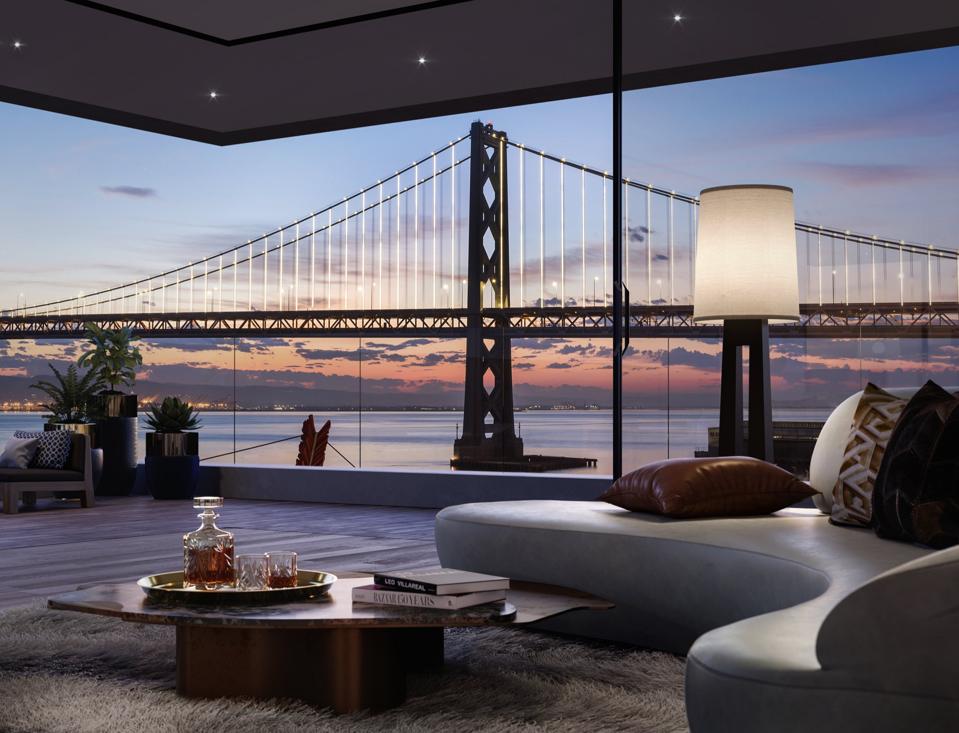 An apartment view of the San Francisco Bay Bridge.