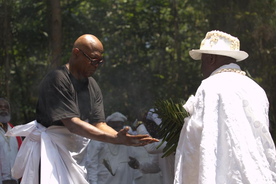 Samuel L. Jackson receives a traditional tribal blessing in Gabon.