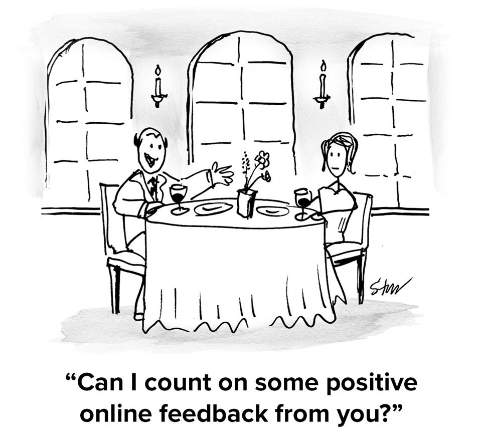 Two people on a date at a restaurant with the man asking the woman ″Can I count on some positive online feedback from you?″