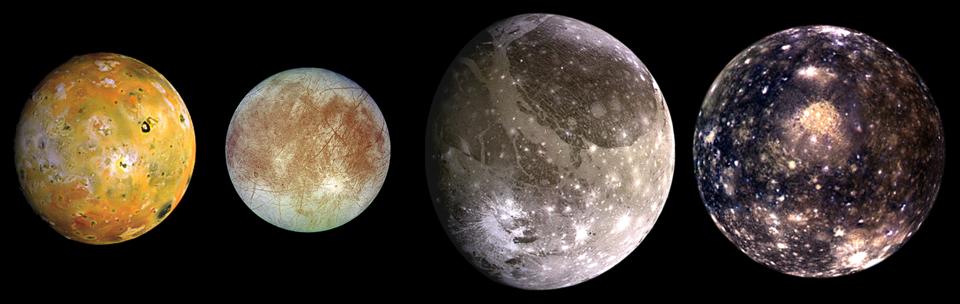 The four largest moons of Jupiter, from left to right: Io, Europa, Ganymede and Callisto. 