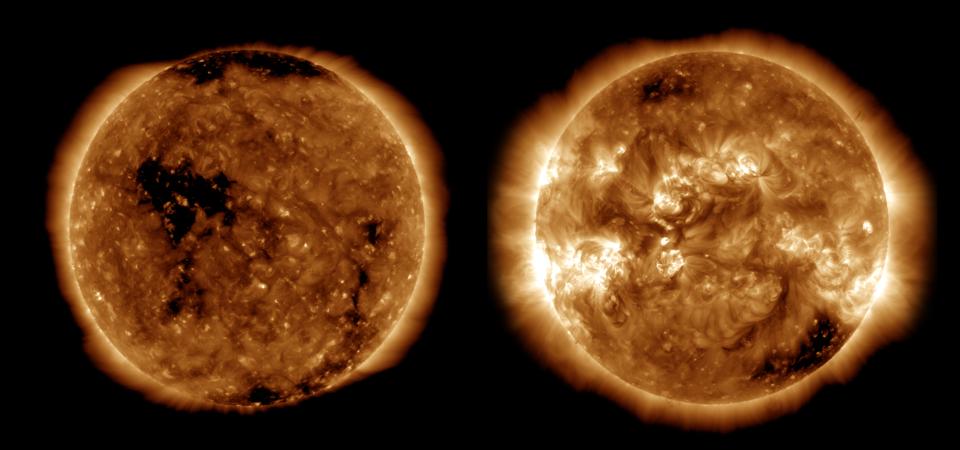 Images from NASA's Solar Dynamics Observatory show the Sun near solar minimum in October 2019 and the last solar maximum in April 2014.