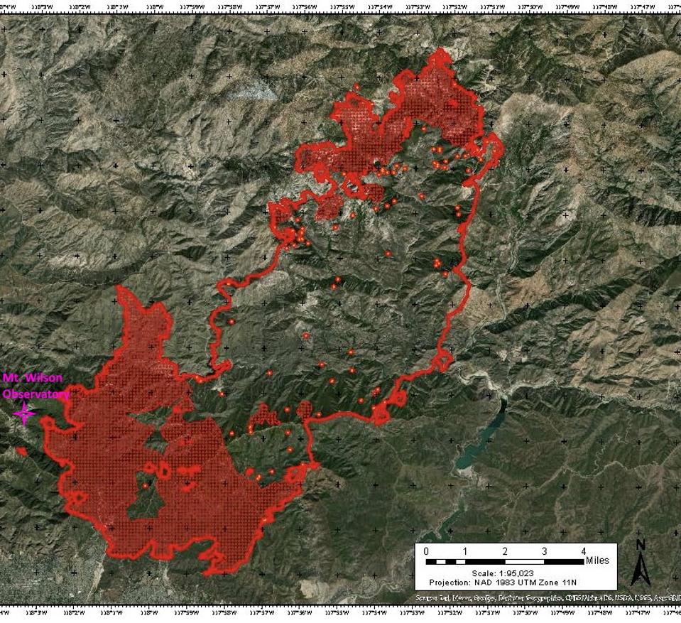 Map of the Bobcat Fire on September 15, 2020, with Mount Wilson Observatory shown.