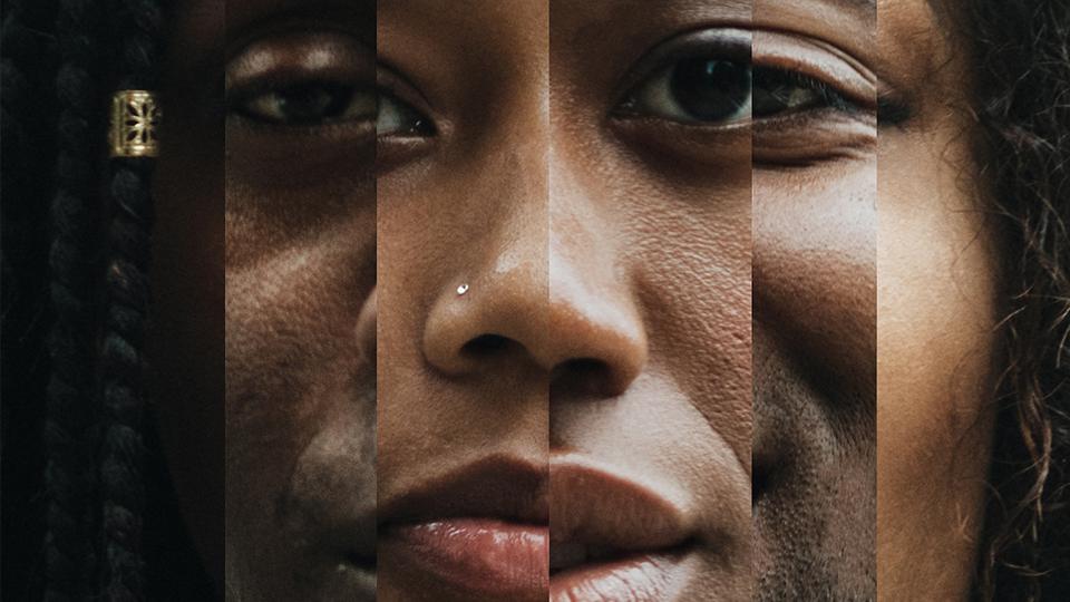 Faces of a Black woman and man as reflected in fragmented mirrors or prisms.