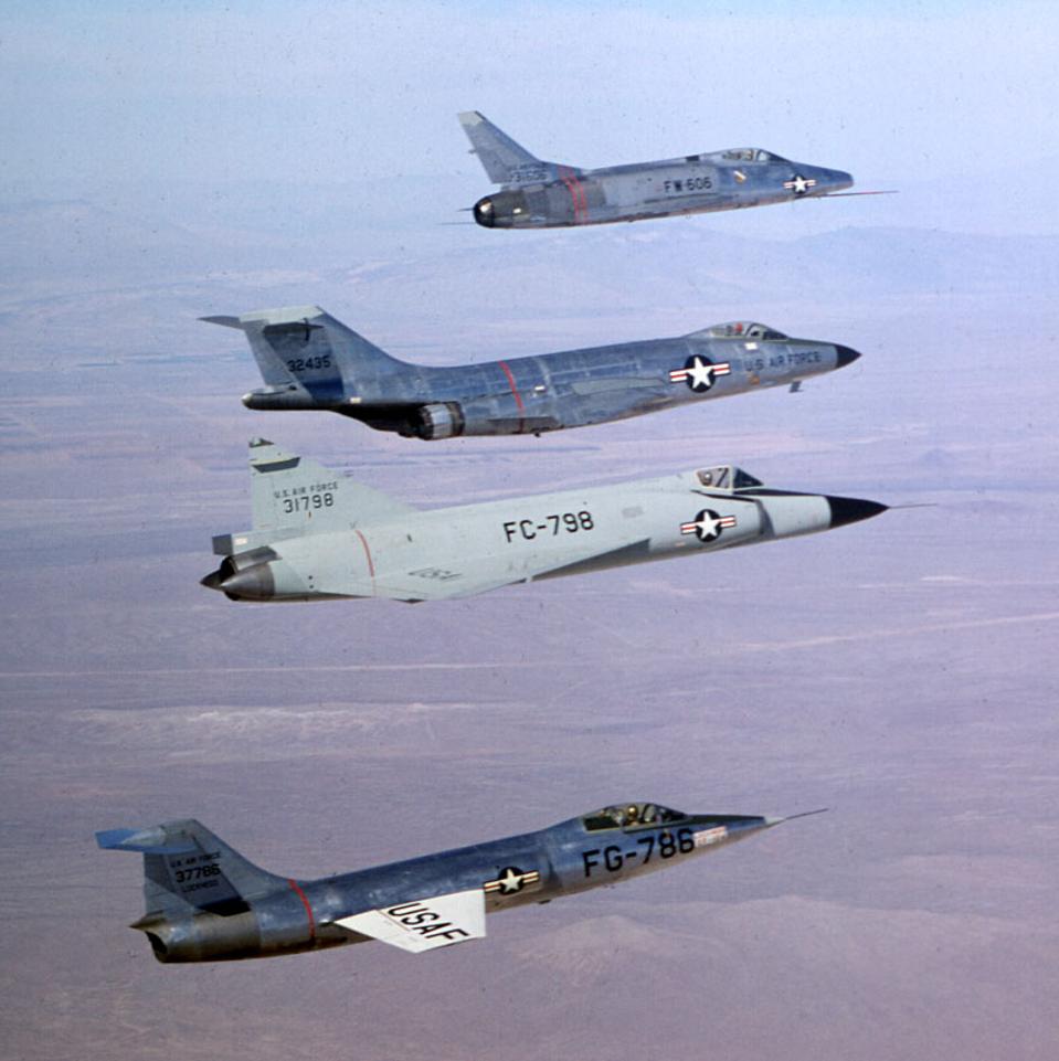 American ″Century Series″ fighters including (top to bottom) the F-100, F-101, F-102, and F-104.