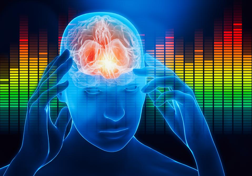 Male portrait with hands touching his temples with audio equalizer on the background. Impact of the sound, the music or the noise on the human brain. Cerebral activity, music, headache conceptual 3d rendering illustration with copy space.