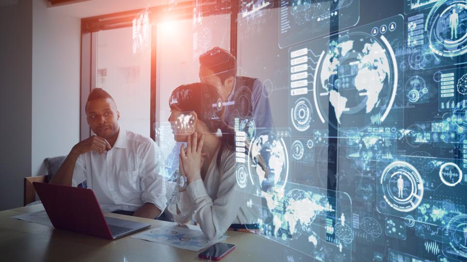 Computer security Business and technology concept. Smart office. GUI (Graphical User Interface). Group of businessperson in the office.