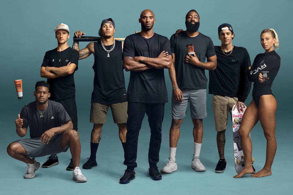 Kobe Bryant, center, and other athlete investors/ambassadors of the Art of Sport brand, from left, Juju Smith-Schuster, Ken Roczen, Javier Baez, James Harden, Ryan Scheckler, Sage Erickson.