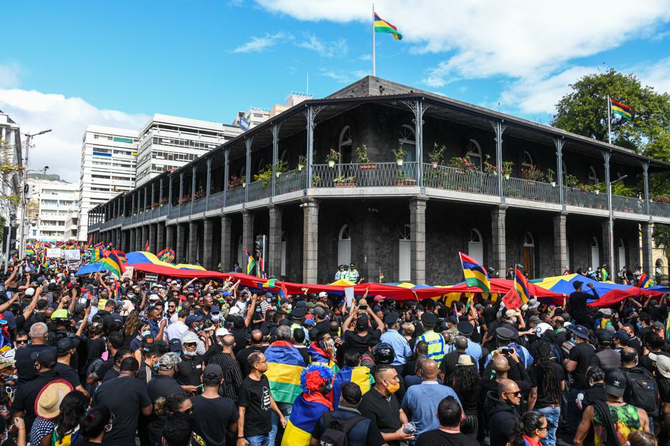 29 Aug 2020: Protests outside the Prime Minster's Office in Port Louis against the handling of the oil spill and the disputed election, calling for the resignation of the Government