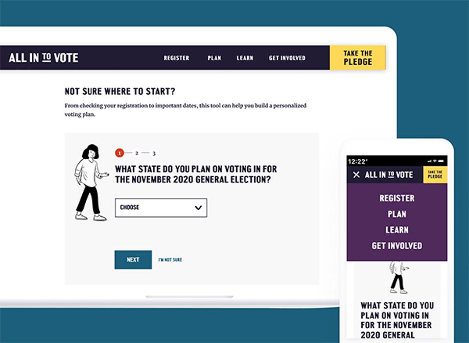 This is a screenshot of the new ALL IN to Vote homepage.