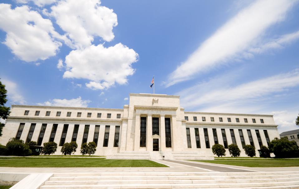 Low angle of the Federal Reserve Building in Washington, DC