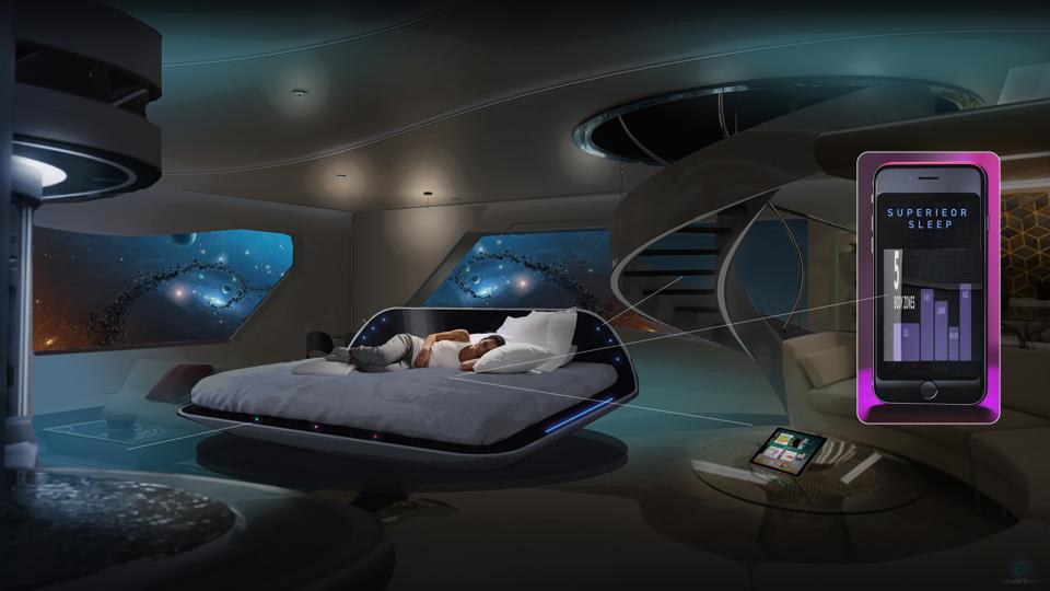 a bed on a platform in a futuristic looking room