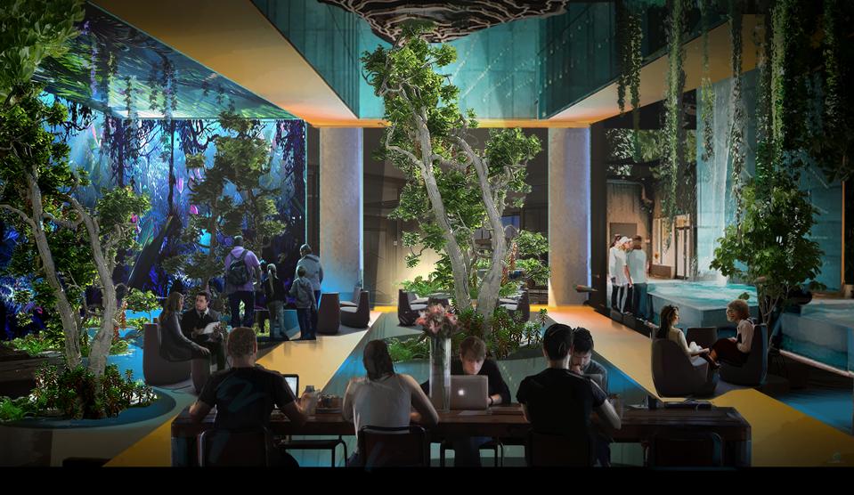 A hotel lobby with waterfalls and plants