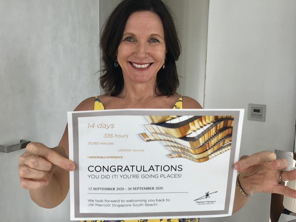Margie Warrell about to 'graduate' Covid-19 hotel quarantine at the JW Marriott South Beach, Singapore,