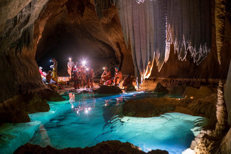 Astronauts and personnel participating in a European Space Agency cave mission