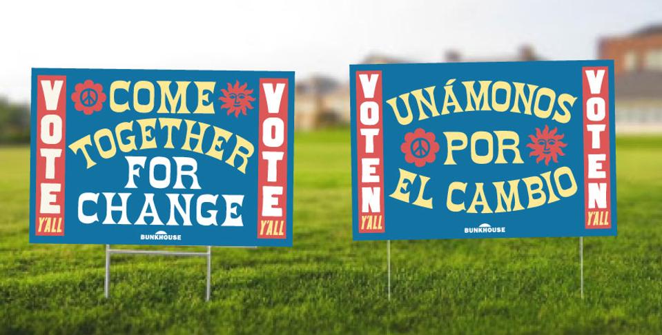 Guests can pick up election-themed yard signs from Bunkhouse's Austin Motel.