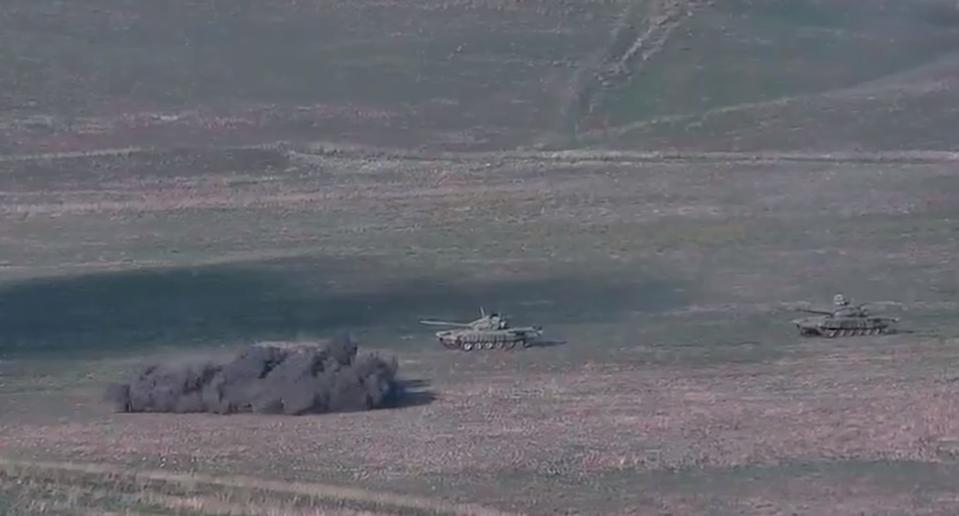 Video capture of a purportedly Azerbaijani T-72 tank exploding due to a mine or enemy fire