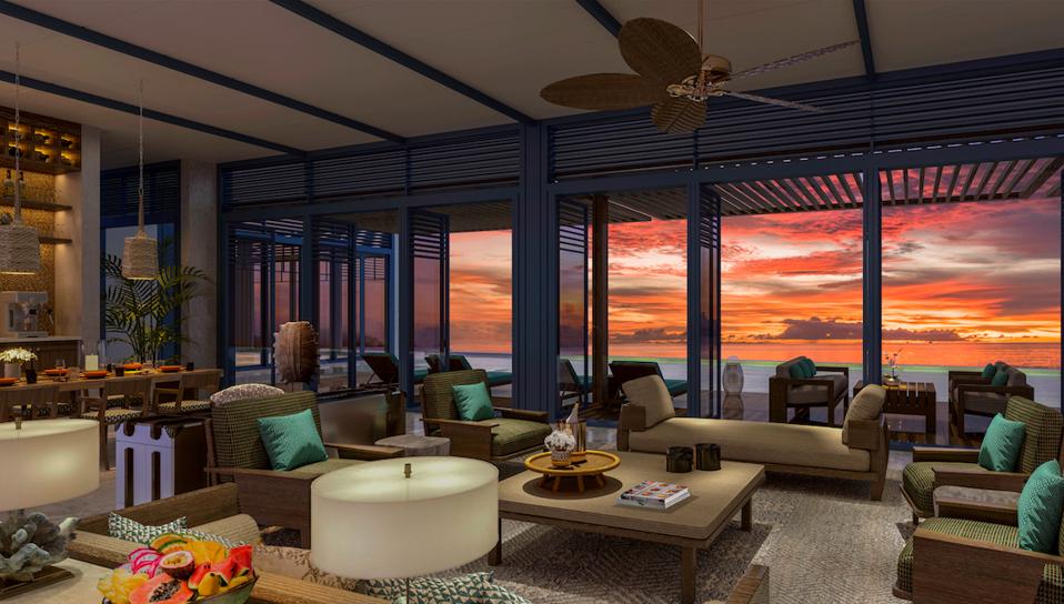 The poolside living space of Raffles Maldives Meradhoo's new Royal Residence
