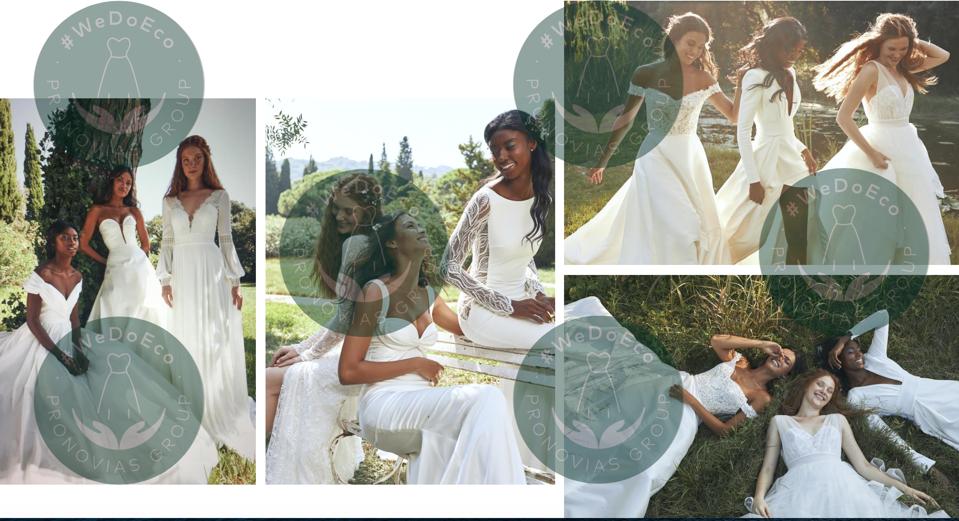 Several images of groups of brides in four different images representing the new eco-dress line at bridal Pronovias Group