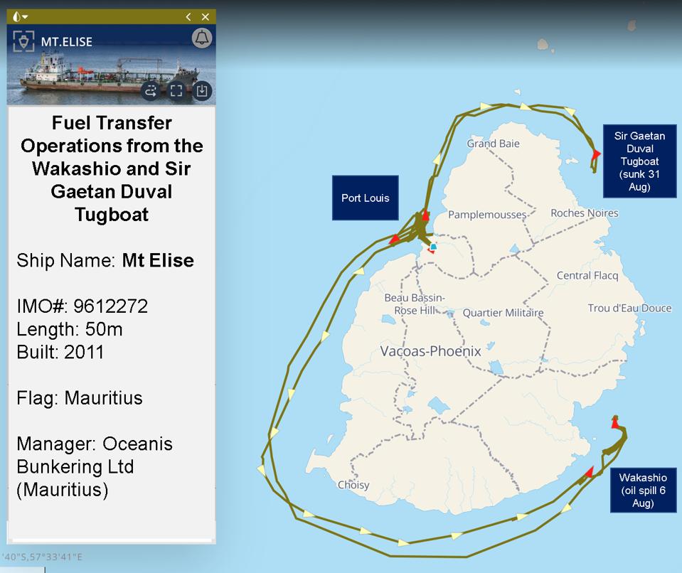 Mauritius-flagged MT Elise also supported the operation to pump oil from the sunken Sir Gaetan Duval tugboat