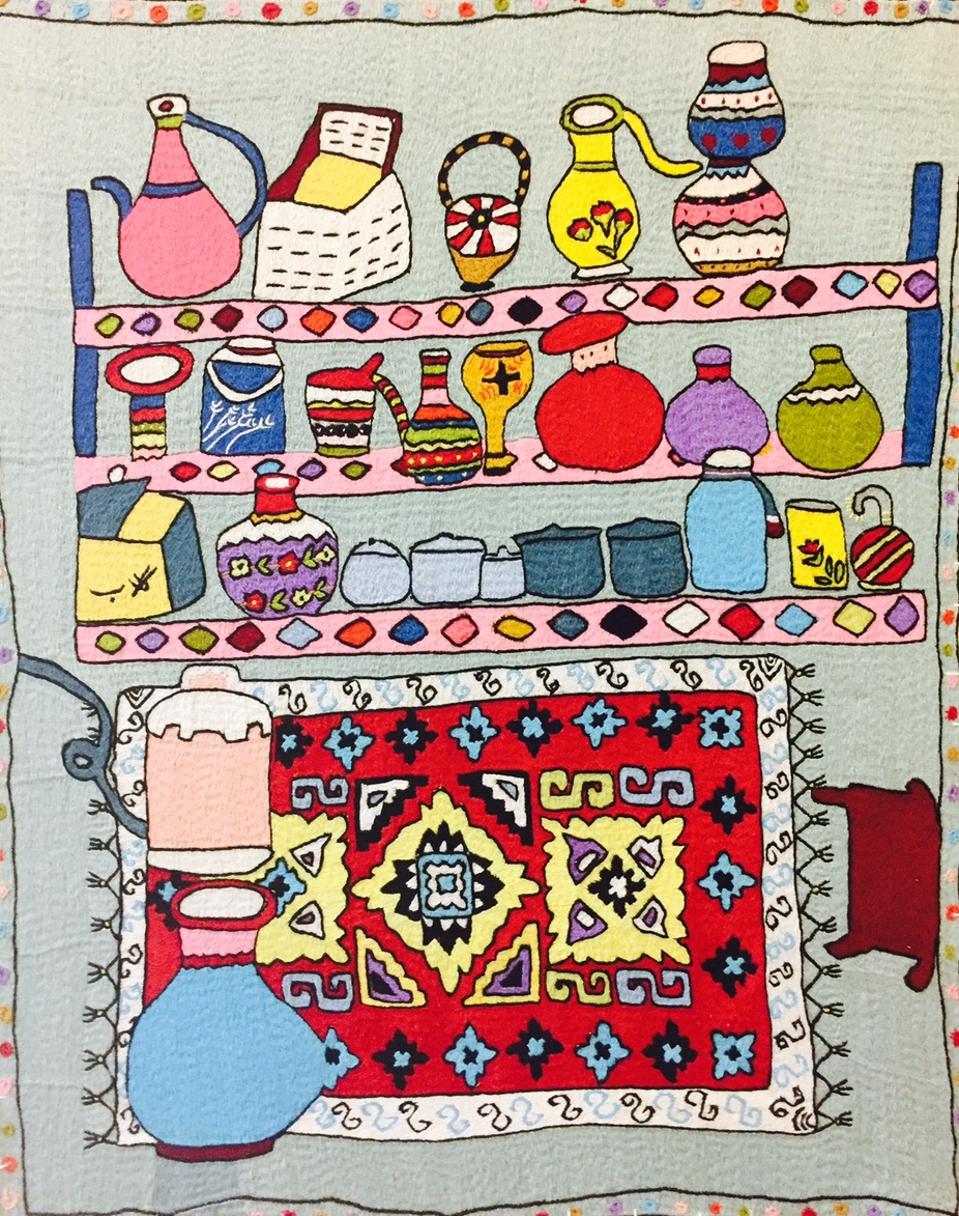 An embroidered panel on Scottish Harris Tweed depicting a traditional Chitrali kitchen store. Made by a craftswoman, Mehria, this piece was part of a collection of tapestries by Twilling Tweeds.
