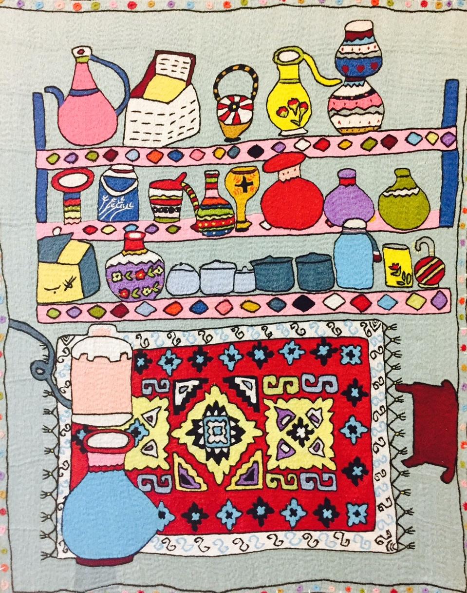 An embroidered panel on Scottish Harris Tweed depicting a traditional Chitrali kitchen store. Made by a craftswoman, Mehria, this piece was part of a collection of tapestries by Twilling Tweeds. 