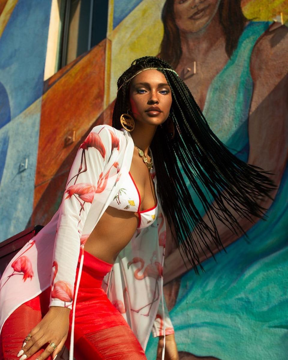 Digital avatar Aliza Rexx shares red and white look on Instagram.