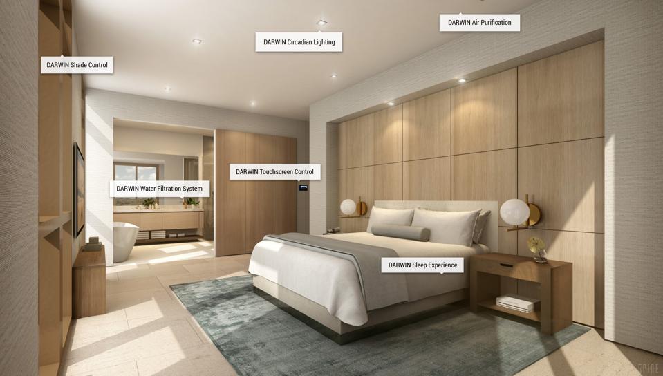 A bedroom with labeled outlines of where the DARWIN by Delos system is placed.