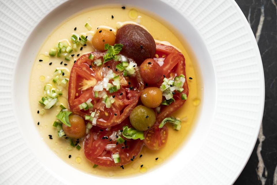 Heirloom tomatoes on housemade silken tofu at Kimika