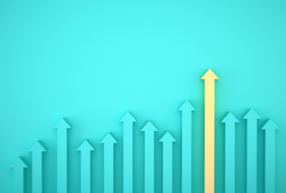 Abstract of yellow arrow graph on blue background, corporate future growth plan. Business development to success and growing growth concept.