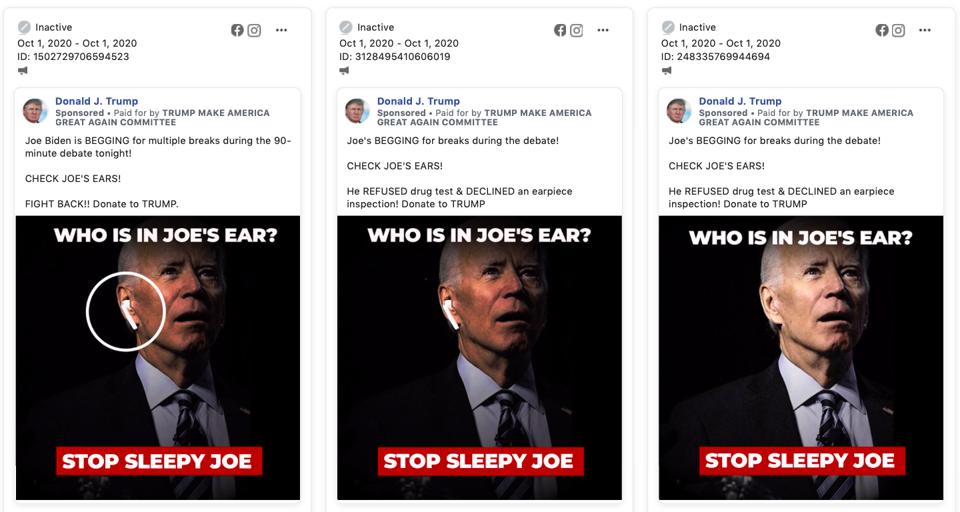 Trump campaign Facebook ads include photos of Democratic nominee Joe Biden edited to include an AirPod, asking ″Who's In Joe's Ear?″