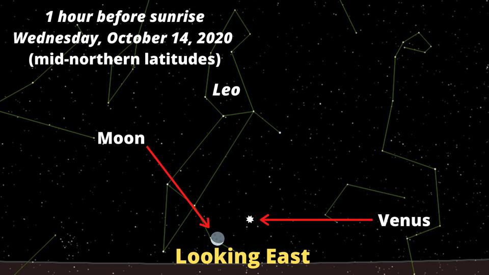 A delicate crescent Moon and Venus on Wednesday, October 14, 2020.