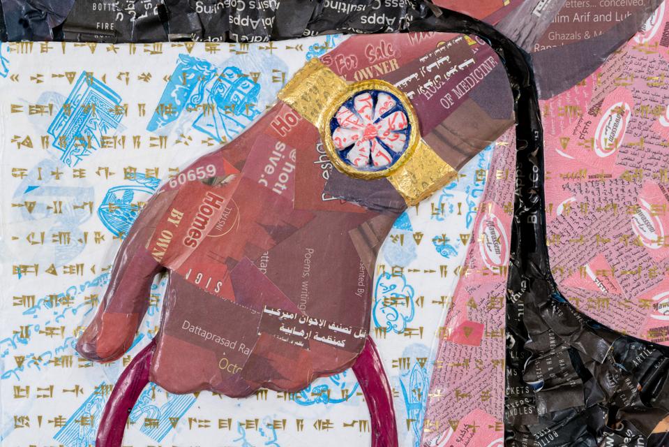 Michael Rakowitz (Detail of new work, on view for the first time, commissioned by the Ruth and Elmer Wellin Museum of Art at Hamilton College.) Panel H - 13, Room H, Northwest Palace of Nimrud, from the series The Invisible Enemy Should Not Exist , 2020. Middle Eastern food packaging and newspapers, with glue on panel, 90 1⁄2 x 76 3⁄8 x 3 3⁄4 in. The project was underwritten by a grant from the Daniel W. Dietrich ’64 Fund for Innovation in the Arts.