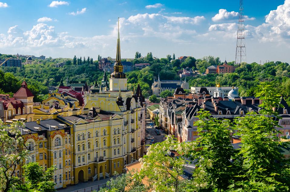 Ukraine, Kyiv, Cityscape on sunny day coronavirus COVID-19 restrictions