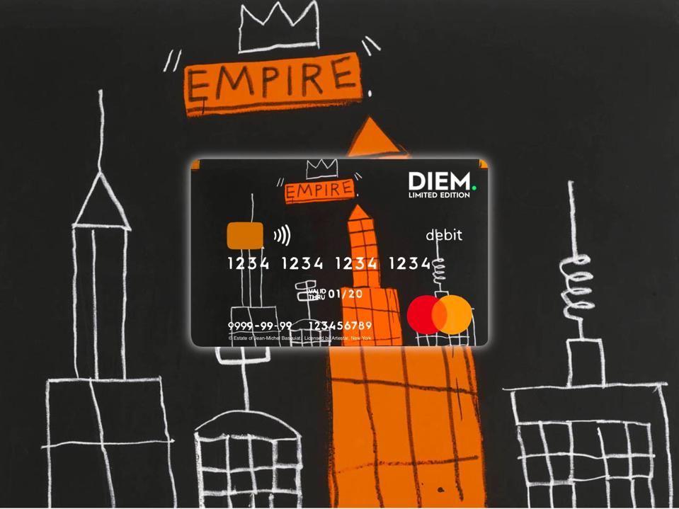The limited edition DIEM debit card featuring artwork by the legendary artist Jean-Michel Basquiat.