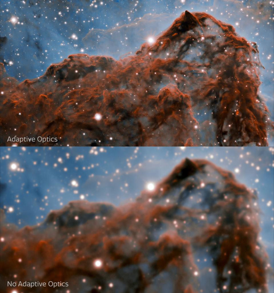 This image shows a comparison of the new image (top) of the western wall of the Carina Nebula taken by the international Gemini Observatory, a Program of NSF’s NOIRLab, and an image of the same region without Adaptive Optics (bottom).