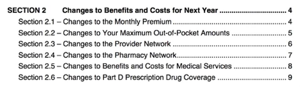 Table of contents related to Medicare benefits