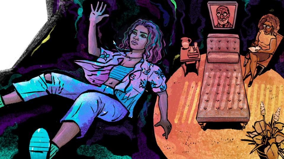 Illustration of Zendaya in Euphoria; Freud in the “Sunken Place.”