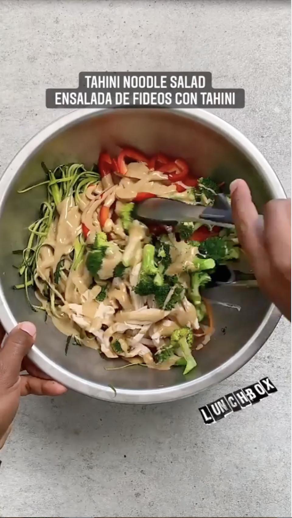 A snapshot of Kevin Curry's recipe Reel showing how to make tahini noodle salad.