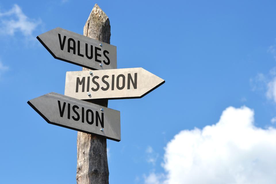 Wooden signpost - values, mission, vision