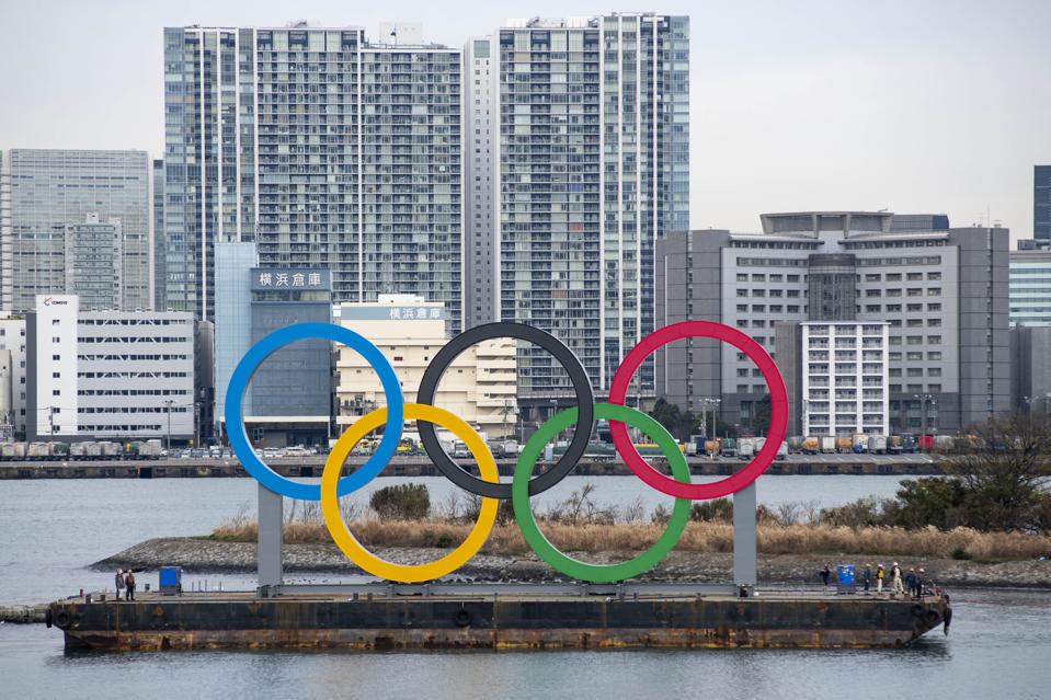 Giant Olympic Symbol Installed At Tokyo Waterfront