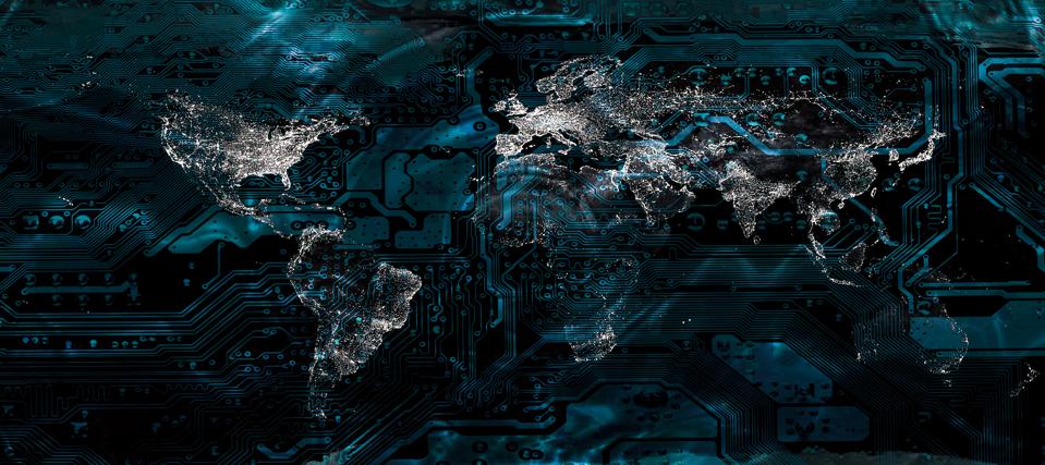 Global city lights world map on the motherboard pattern. Elements of this image furnished by NASA.